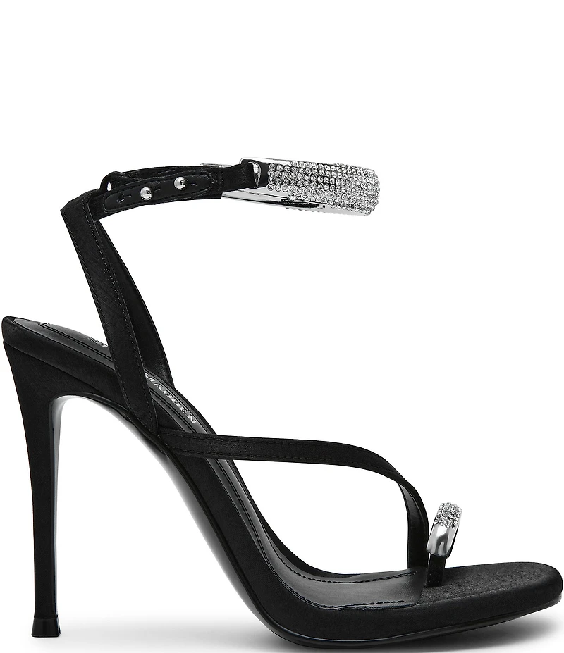 Steve Madden Tia Satin Rhinestone Hardware Ankle Strap Toe Loop Dress Sandals