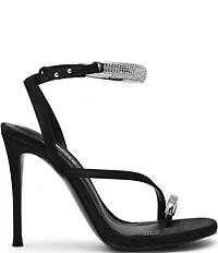 Steve Madden Tia Satin Rhinestone Hardware Ankle Strap Toe Loop Dress Sandals