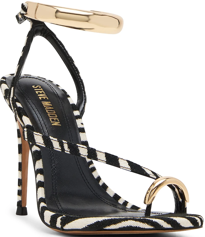 Steve Madden Tia Zebra Print Ankle Strap Toe Loop Hardware Dress Sandals