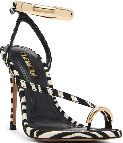 Steve Madden Tia Zebra Print Ankle Strap Toe Loop Hardware Dress Sandals