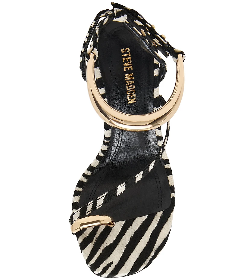 Steve Madden Tia Zebra Print Ankle Strap Toe Loop Hardware Dress Sandals