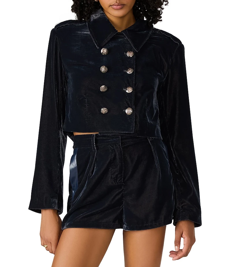 Steve Madden Tonia Velvet Collared Long Sleeve Double Breasted Cropped Blazer