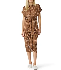 Steve Madden Tori Polka Dot Point Collar Short Kimono Cuff Sleeve Tie Front Midi Shirt Dress