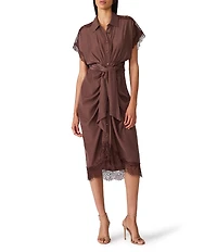 Steve Madden Tori Satin Jacquard Dot Collared Short Sleeve Tie Front Midi Shirt Dress