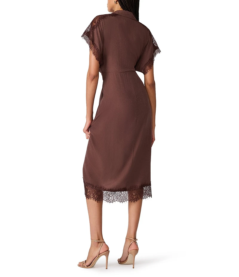Steve Madden Tori Satin Jacquard Dot Collared Short Sleeve Tie Front Midi Shirt Dress
