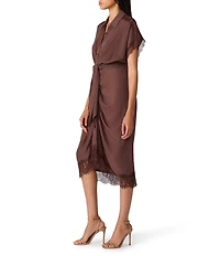 Steve Madden Tori Satin Jacquard Dot Collared Short Sleeve Tie Front Midi Shirt Dress