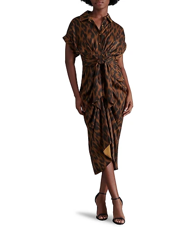 Steve Madden Tori Satin Leopard Print Point Collar Short Kimono Cuff Sleeve Ruched Front Asymmetrical Hem Midi Shirt Dress