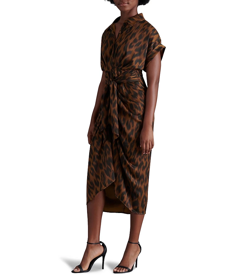 Steve Madden Tori Satin Leopard Print Point Collar Short Kimono Cuff Sleeve Ruched Front Asymmetrical Hem Midi Shirt Dress