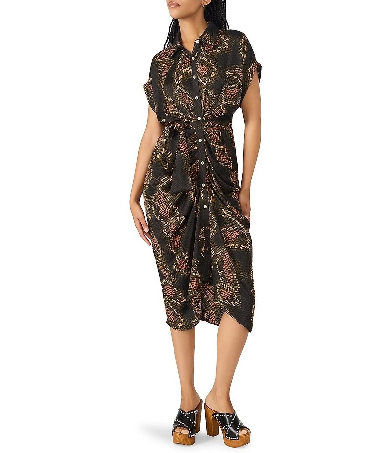Steve Madden Tori Satin Snake Print Point Collar Short Kimono Cuff Sleeve Tie Front Midi Shirt Dress