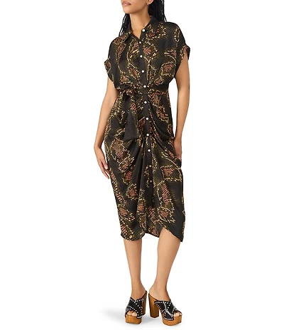 Steve Madden Tori Satin Snake Print Point Collar Short Kimono Cuff Sleeve Tie Front Midi Shirt Dress