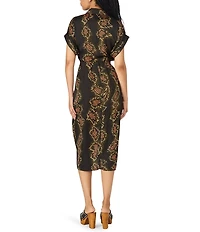 Steve Madden Tori Satin Snake Print Point Collar Short Kimono Cuff Sleeve Tie Front Midi Shirt Dress