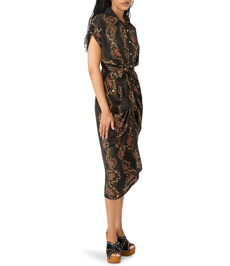 Steve Madden Tori Satin Snake Print Point Collar Short Kimono Cuff Sleeve Tie Front Midi Shirt Dress