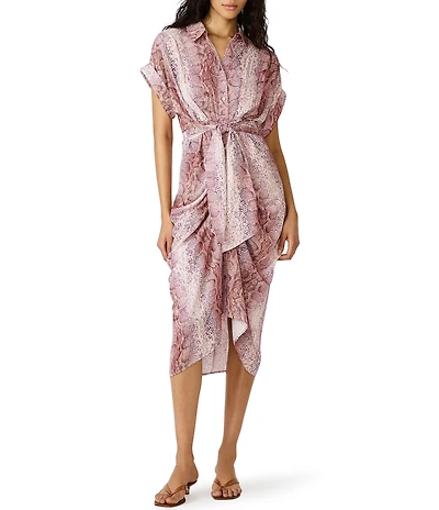 Steve Madden Tori Snake Print Point Collar Short Kimono Cuff Sleeve Tie Front Midi Shirt Dress