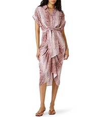 Steve Madden Tori Snake Print Point Collar Short Kimono Cuff Sleeve Tie Front Midi Shirt Dress
