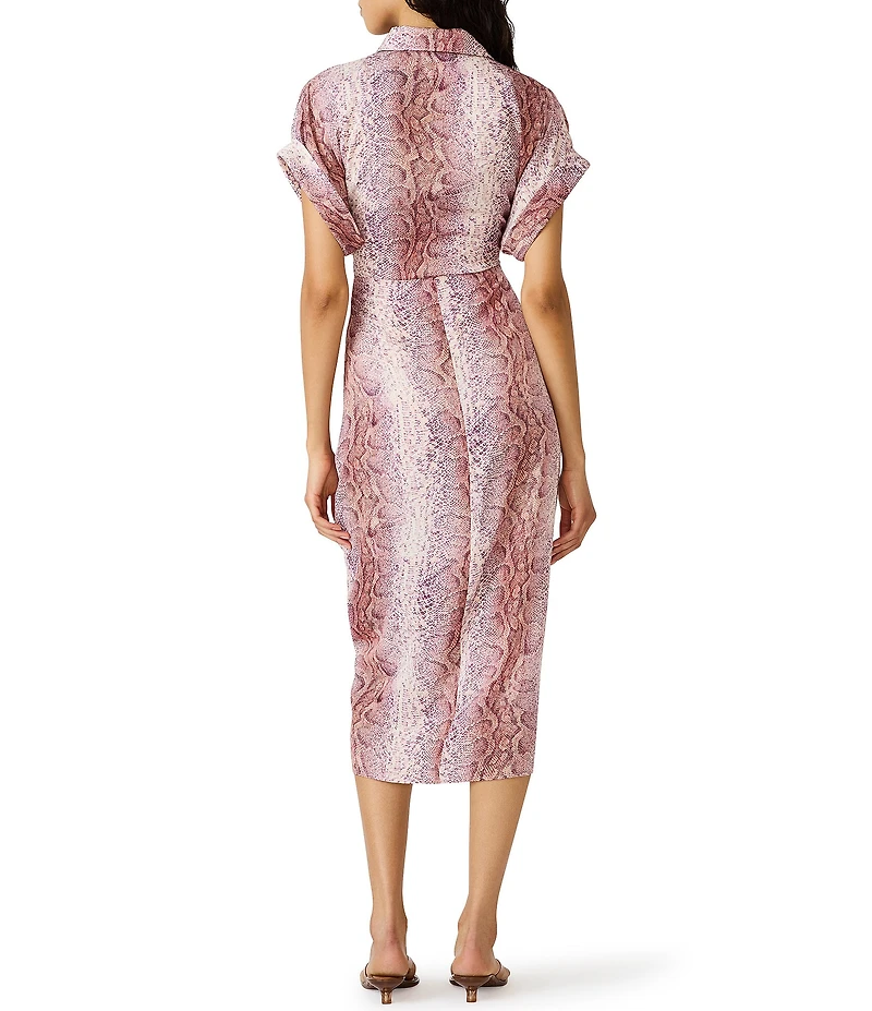 Steve Madden Tori Snake Print Point Collar Short Kimono Cuff Sleeve Tie Front Midi Shirt Dress