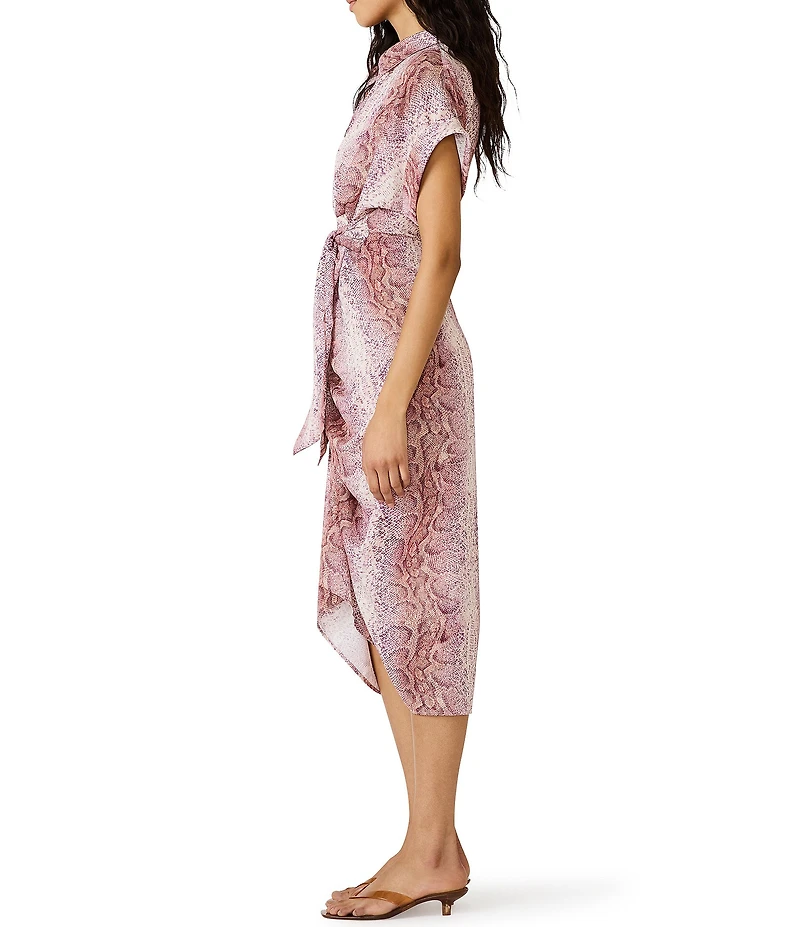 Steve Madden Tori Snake Print Point Collar Short Kimono Cuff Sleeve Tie Front Midi Shirt Dress