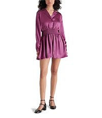 Steve Madden Valerie Satin Point Collar Long Sleeve Smocked Waist Mini Dress