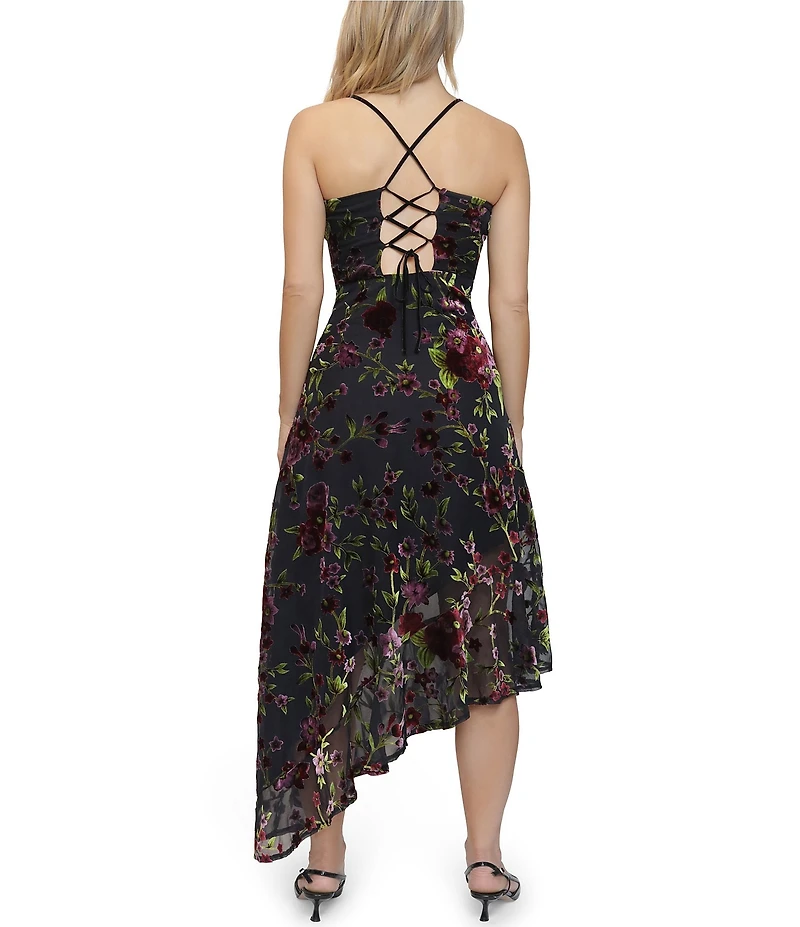 Stevie by Steve Madden Velvet Burnout Drape Neck Asymmetrical Hem Lace Up Back Midi Dress