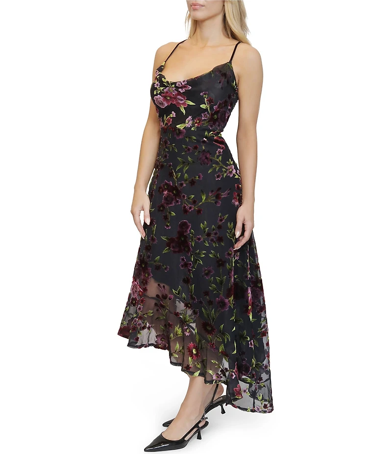 Stevie by Steve Madden Velvet Burnout Drape Neck Asymmetrical Hem Lace Up Back Midi Dress