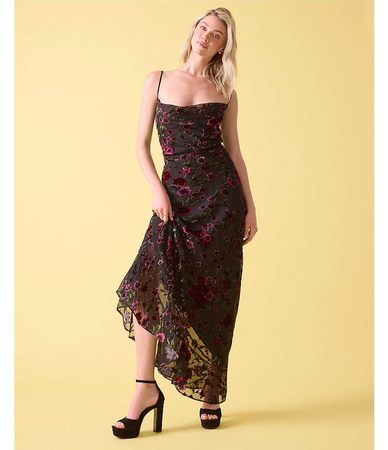 Stevie by Steve Madden Velvet Burnout Drape Neck Asymmetrical Hem Lace Up Back Midi Dress