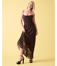 Stevie by Steve Madden Velvet Burnout Drape Neck Asymmetrical Hem Lace Up Back Midi Dress