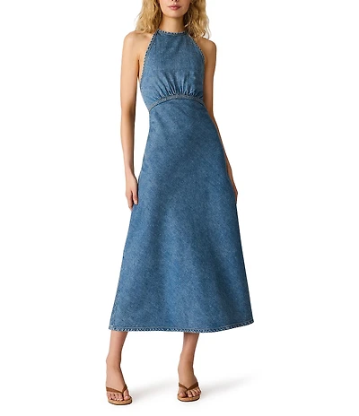 Steve Madden Vilma Denim Halter Neck Sleeveless Maxi Dress