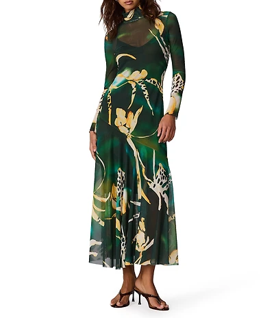 Steve Madden Vivara Long Sleeve Printed Mesh Midi Dress