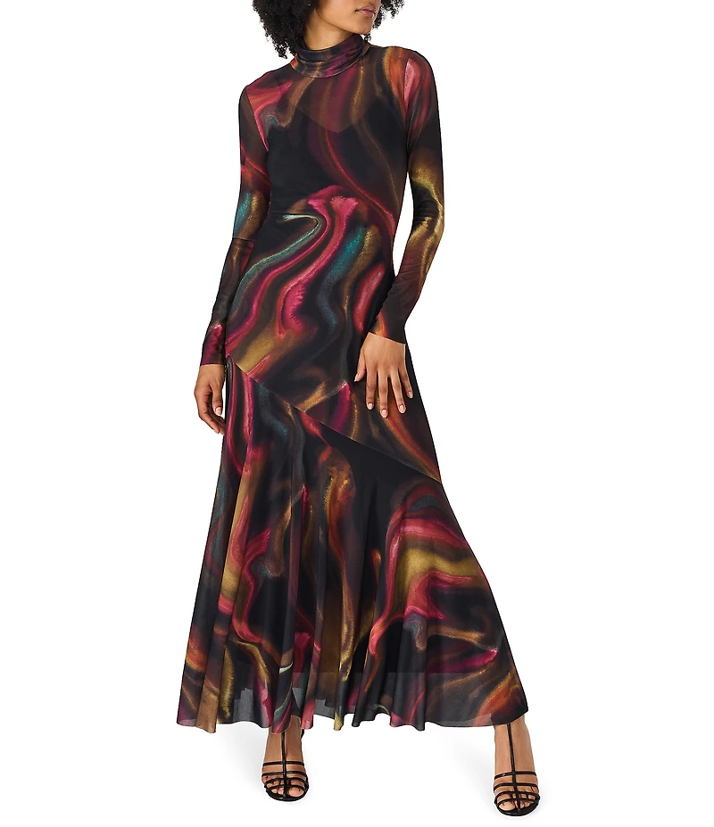 Steve Madden Vivara Print Mesh Turtleneck Long Sleeve Maxi Dress