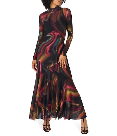 Steve Madden Vivara Print Mesh Turtleneck Long Sleeve Maxi Dress