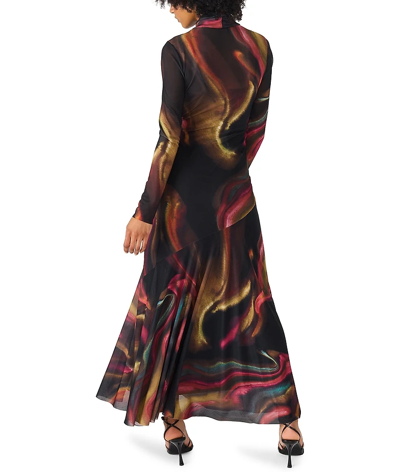Steve Madden Vivara Print Mesh Turtleneck Long Sleeve Maxi Dress