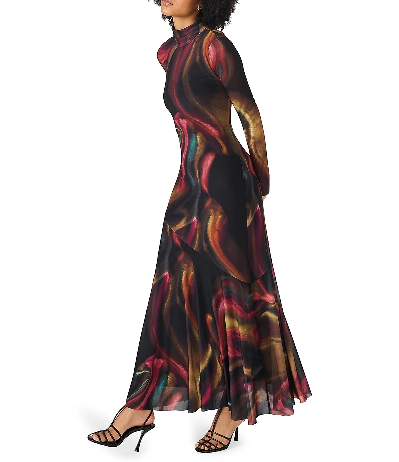 Steve Madden Vivara Print Mesh Turtleneck Long Sleeve Maxi Dress