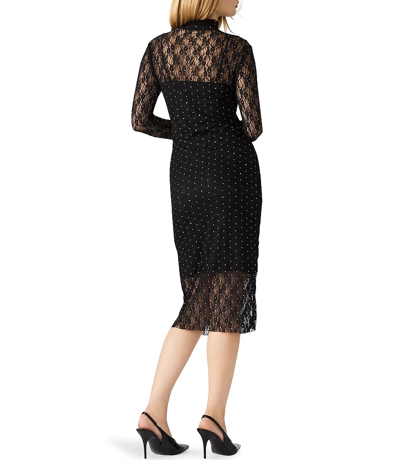Steve Madden Vivienne Crystal Studded Mock Neck Long Sleeve Lace Midi Dress