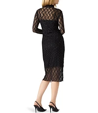 Steve Madden Vivienne Crystal Studded Mock Neck Long Sleeve Lace Midi Dress
