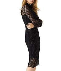 Steve Madden Vivienne Crystal Studded Mock Neck Long Sleeve Lace Midi Dress