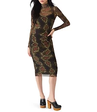Steve Madden Vivienne Snake Print Turtle Neck Long Sleeve Bodycon Midi Dress
