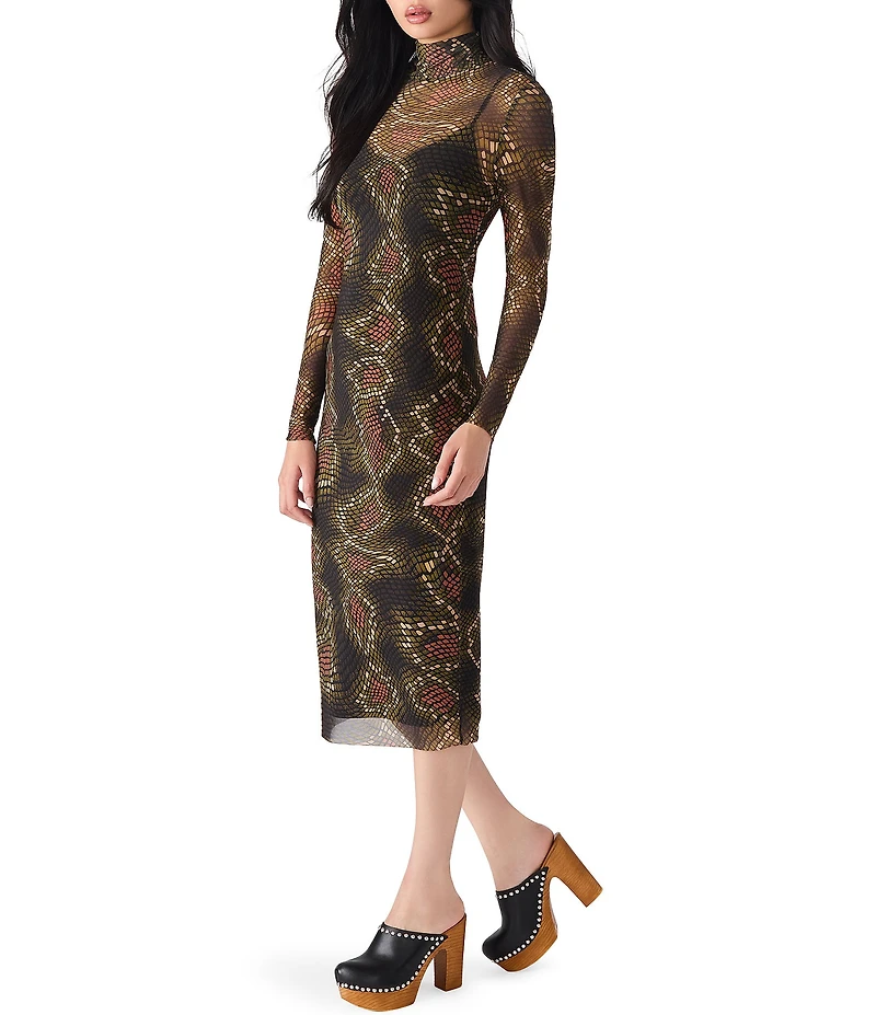 Steve Madden Vivienne Snake Print Turtle Neck Long Sleeve Bodycon Midi Dress