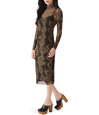 Steve Madden Vivienne Snake Print Turtle Neck Long Sleeve Bodycon Midi Dress
