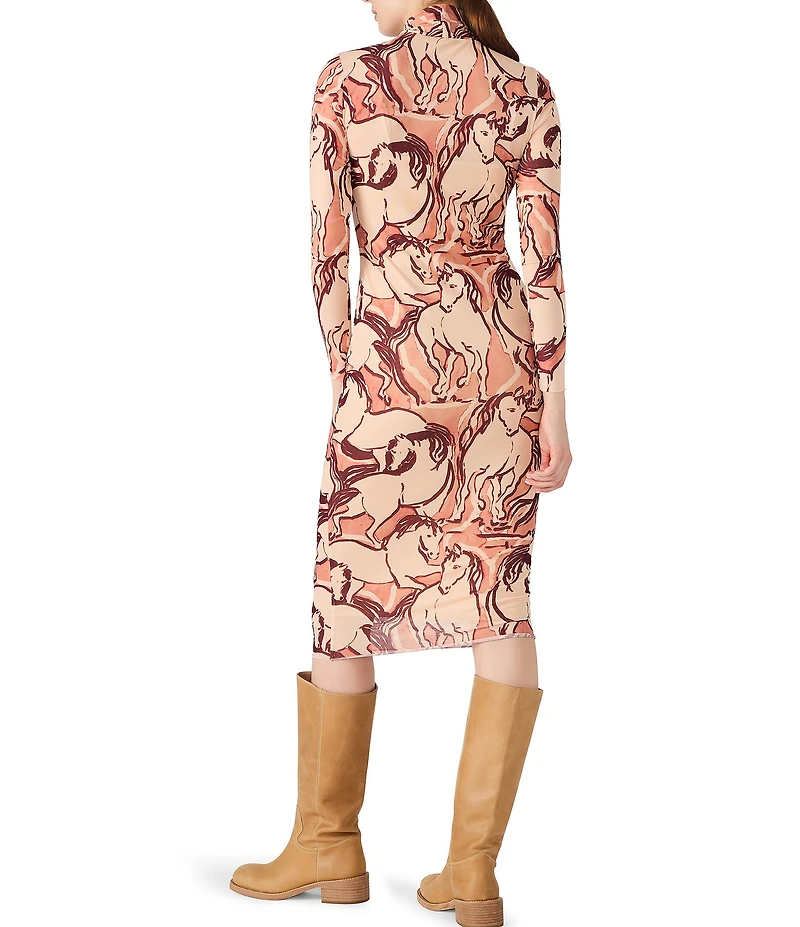 Steve Madden Vivienne Wild Horse Print Mock Neck Long Sleeve Bodycon Midi Dress