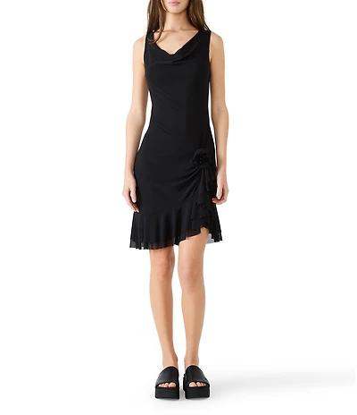 Steve Madden Wallis Mesh Cowl Neck Sleeveless Asymmetrical Ruffle Hem Sheath Dress