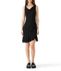 Steve Madden Wallis Mesh Cowl Neck Sleeveless Asymmetrical Ruffle Hem Sheath Dress