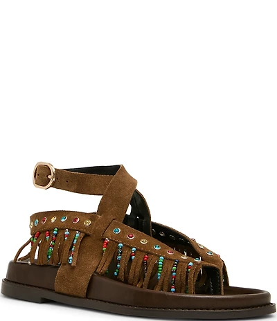 Steve Madden Wendell Suede Beaded Fringe Ankle Wrap Sandals