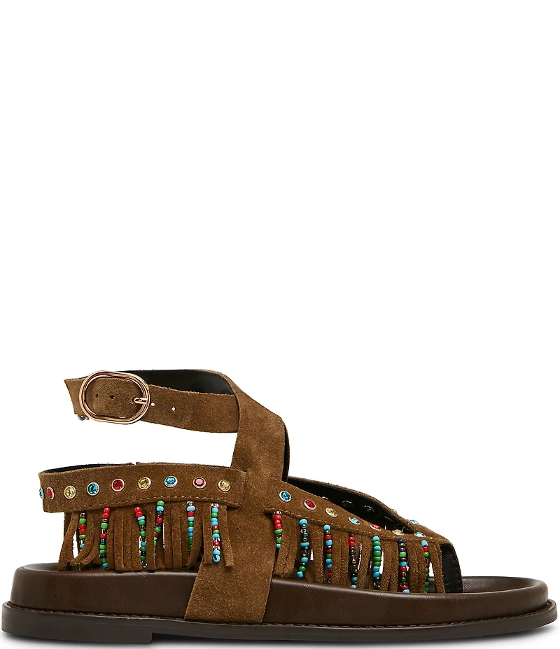 Steve Madden Wendell Suede Beaded Fringe Ankle Wrap Sandals