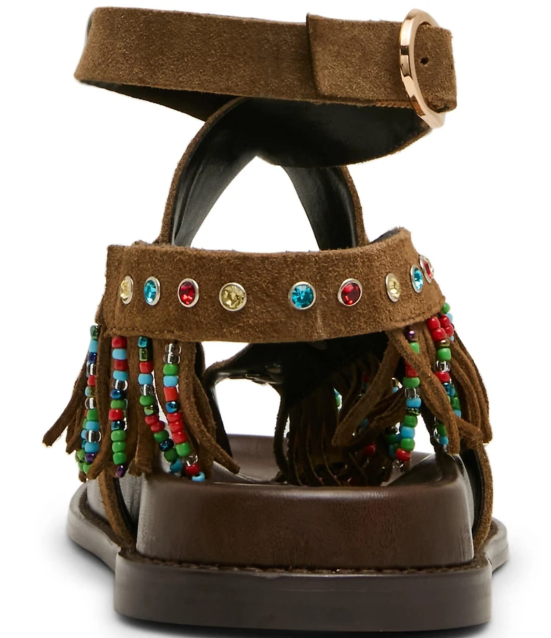Steve Madden Wendell Suede Beaded Fringe Ankle Wrap Sandals