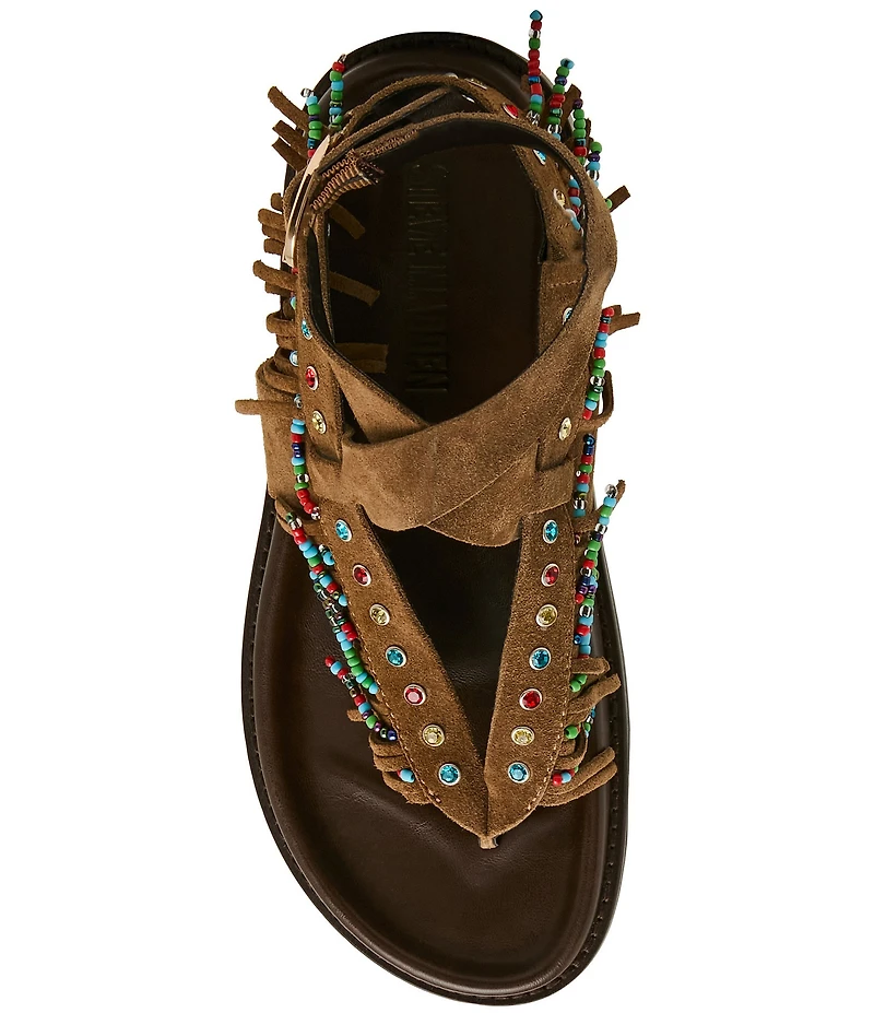 Steve Madden Wendell Suede Beaded Fringe Ankle Wrap Sandals