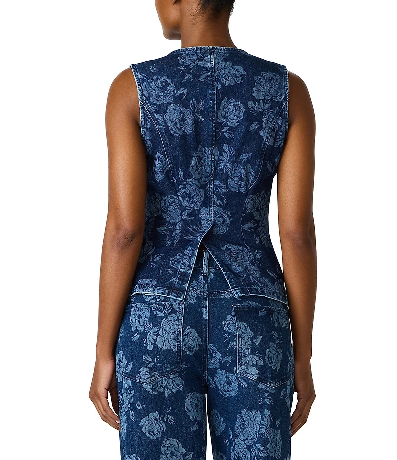 Steve Madden Wesley Coordinating Laser Engraved Floral Crew Neck Sleeveless Denim Vest Top