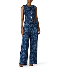 Steve Madden Wesley Coordinating Laser Engraved Floral Crew Neck Sleeveless Denim Vest Top