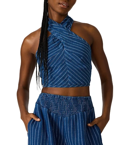 Steve Madden Winnie Striped Linen Crossover Halter Neck Sleeveless Coordinating Top