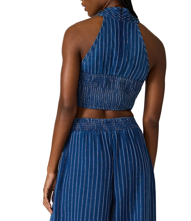Steve Madden Winnie Striped Linen Crossover Halter Neck Sleeveless Coordinating Top