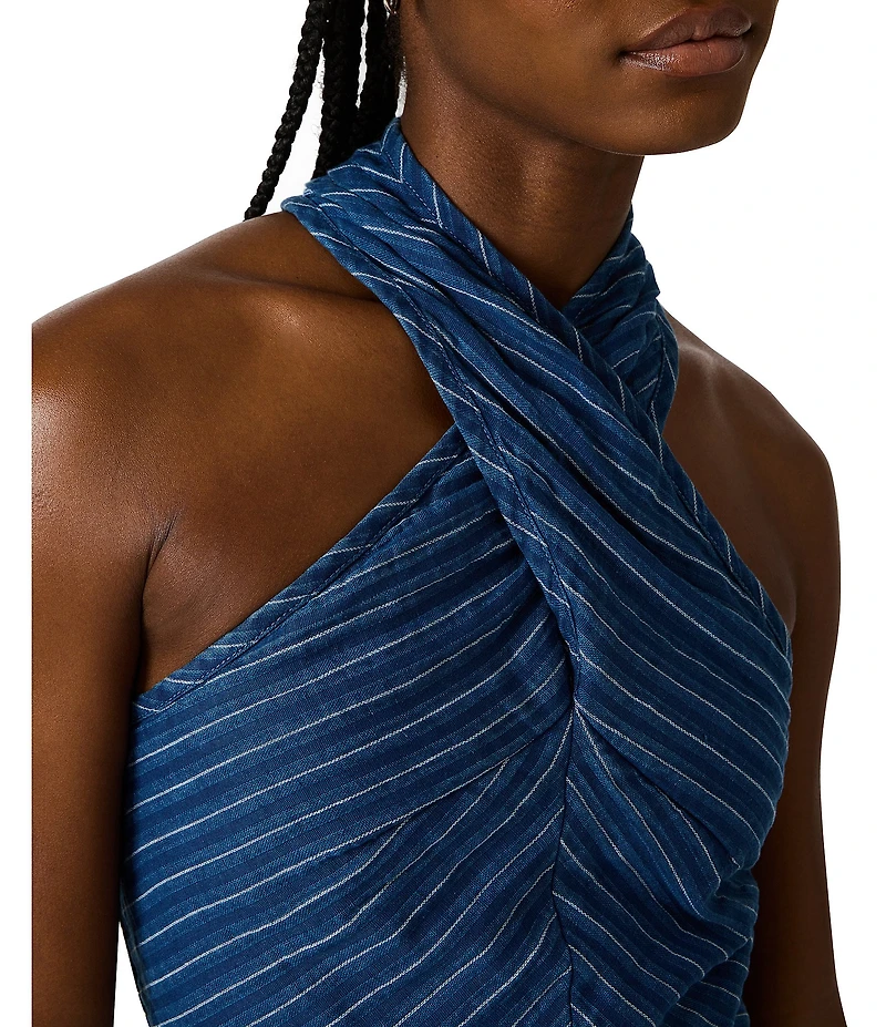 Steve Madden Winnie Striped Linen Crossover Halter Neck Sleeveless Coordinating Top