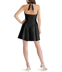 Steve Madden Yala Woven Halter V-Neck Sleeveless Drop Waist Mini Dress
